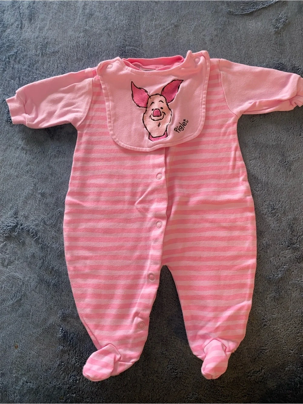 Vtg Y2K Disney Winnie the Pooh Piglet Pink Striped Footed PJs for Baby w/bib